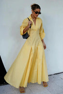 Chemise Longuete Com Decote V Barra Ampla Amarelo Manteiga