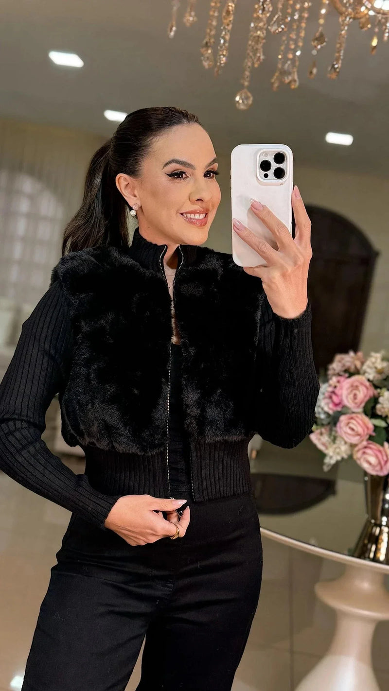 Casaco Sophie – Tricot com Pele Sintética Premium - Preto