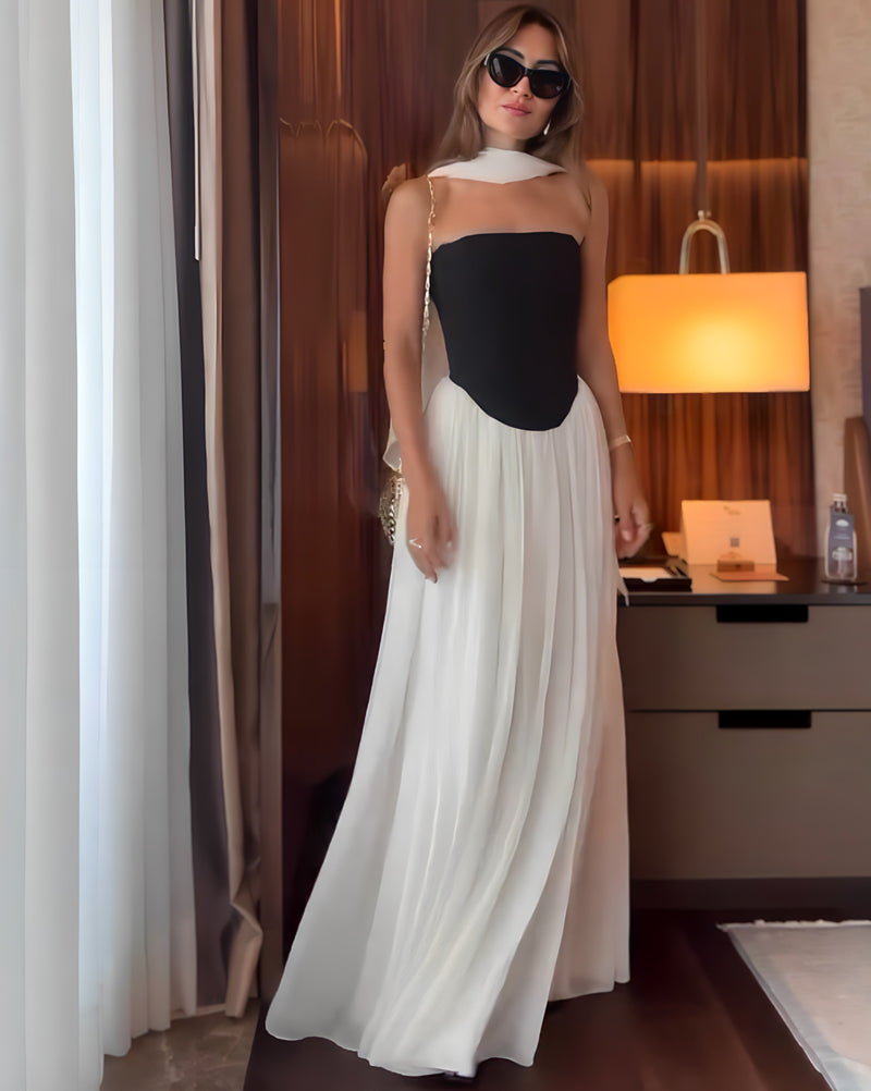 Vestido Longo Bicolor – Elegância Atemporal