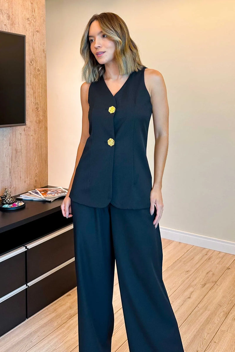 Conjunto Feminino Calça e Colete Alongado Alfaiataria