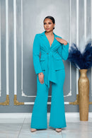 Conjunto Jaqueta Amarração & Calça Flare – Turquesa
