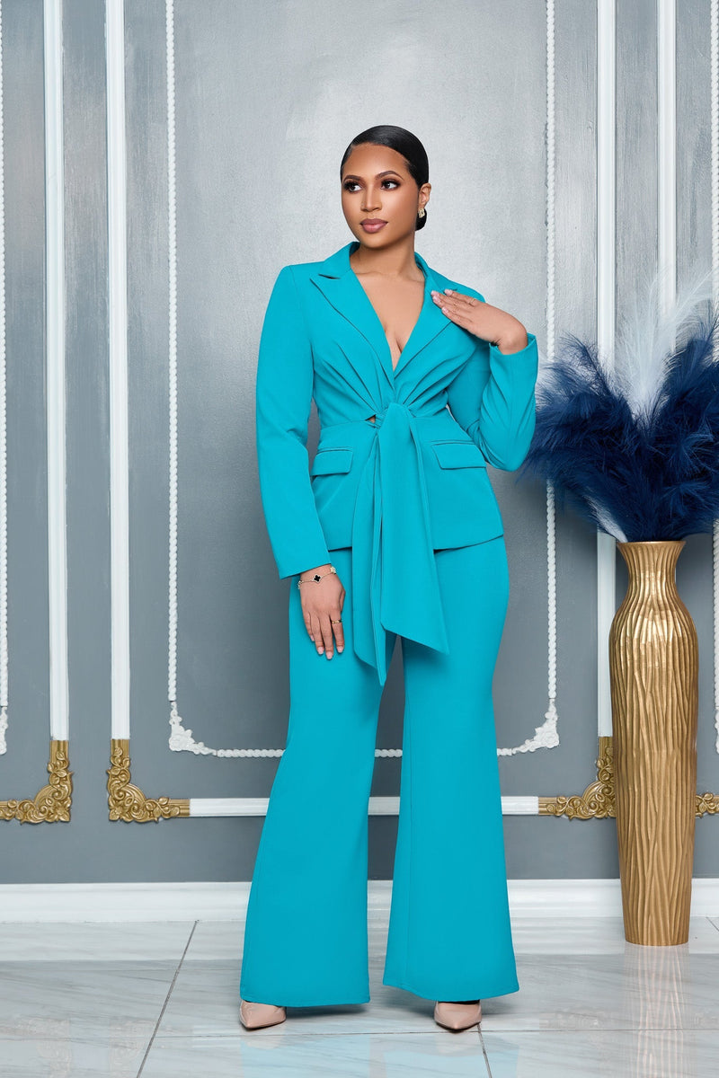 Conjunto Jaqueta Amarração & Calça Flare – Turquesa