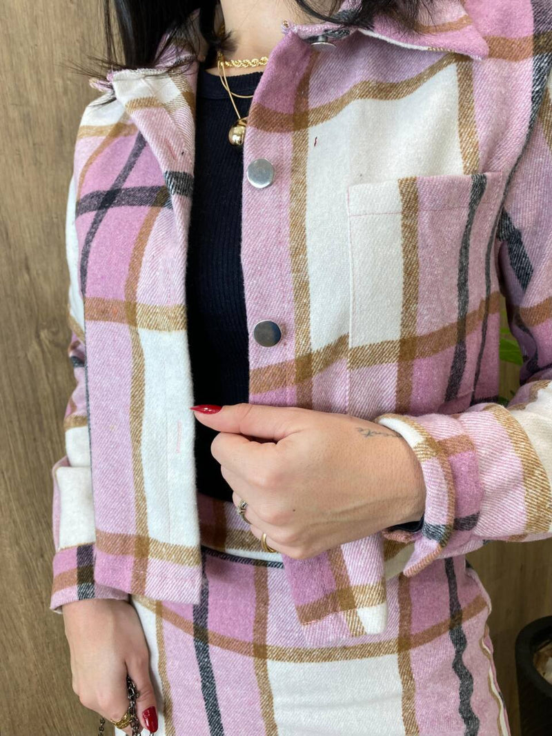 Conjunto Feminino Flanelado Beatriz Cropped e Saia Xadrez Lilás