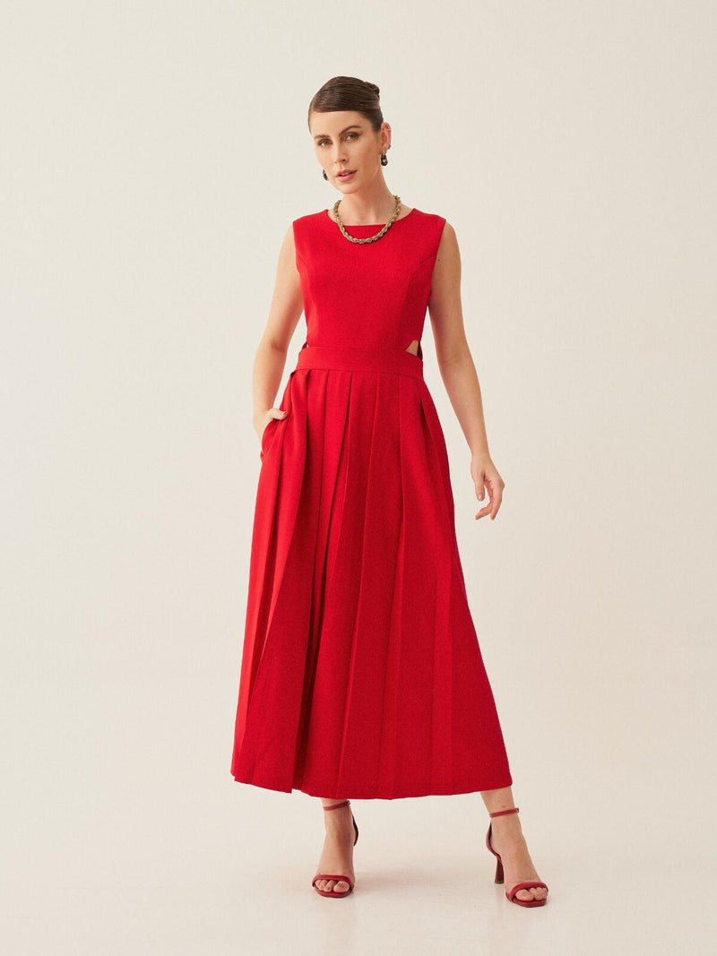 Vestido Midi Jessica em Alfaiataria com Recortes Laterais e Pregas Frontais